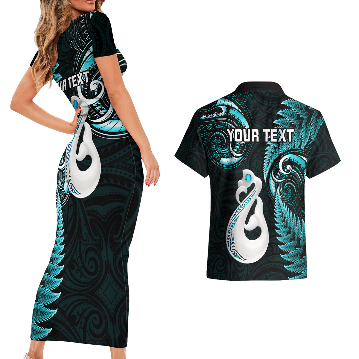 Personalised New Zealand Couples Short Sleeve Bodycon Dress and Hawaiian Shirt Aotearoa Silver Fern With Manaia Maori Unique Turquoise - Wonder Print Shop