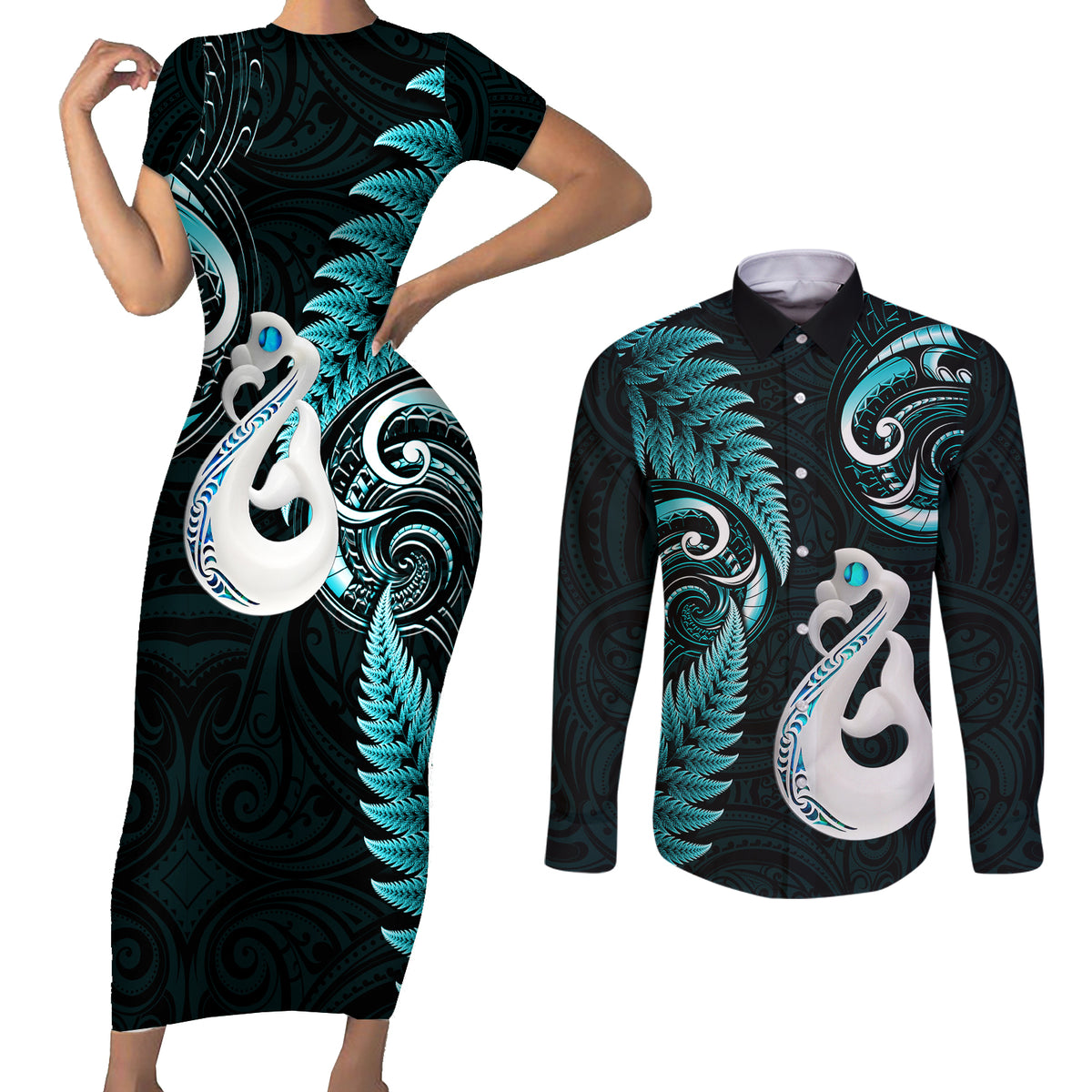 Personalised New Zealand Couples Short Sleeve Bodycon Dress and Long Sleeve Button Shirts Aotearoa Silver Fern With Manaia Maori Unique Turquoise - Wonder Print Shop