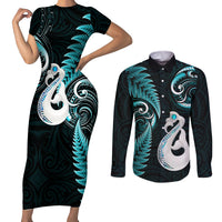 Personalised New Zealand Couples Short Sleeve Bodycon Dress and Long Sleeve Button Shirts Aotearoa Silver Fern With Manaia Maori Unique Turquoise - Wonder Print Shop