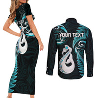 Personalised New Zealand Couples Short Sleeve Bodycon Dress and Long Sleeve Button Shirts Aotearoa Silver Fern With Manaia Maori Unique Turquoise - Wonder Print Shop