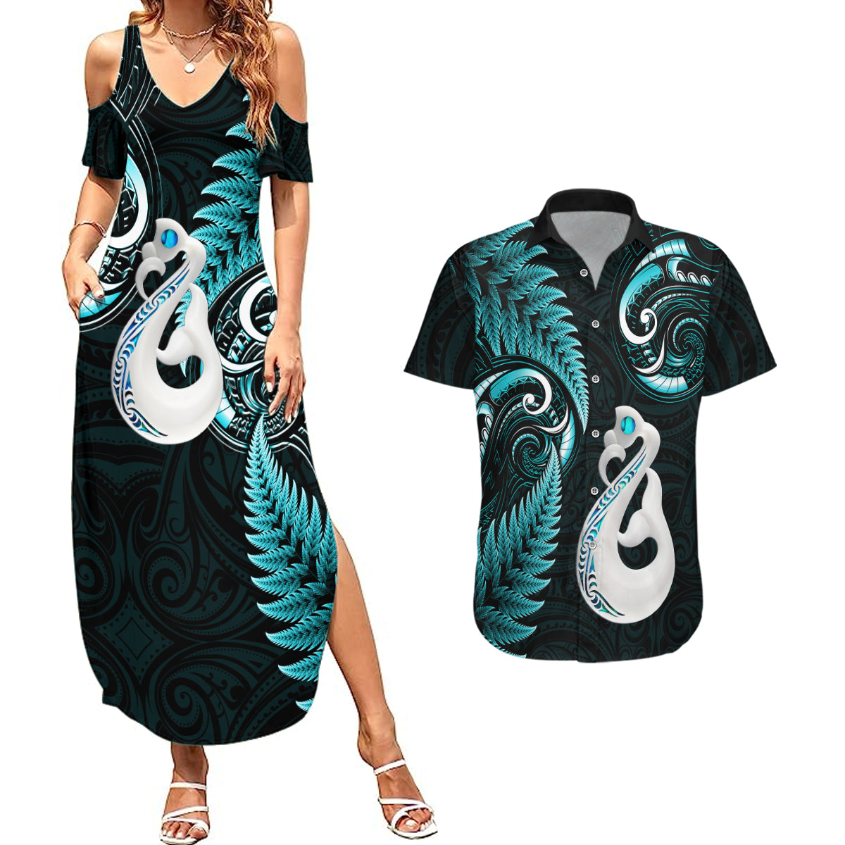 Personalised New Zealand Couples Summer Maxi Dress and Hawaiian Shirt Aotearoa Silver Fern With Manaia Maori Unique Turquoise - Wonder Print Shop