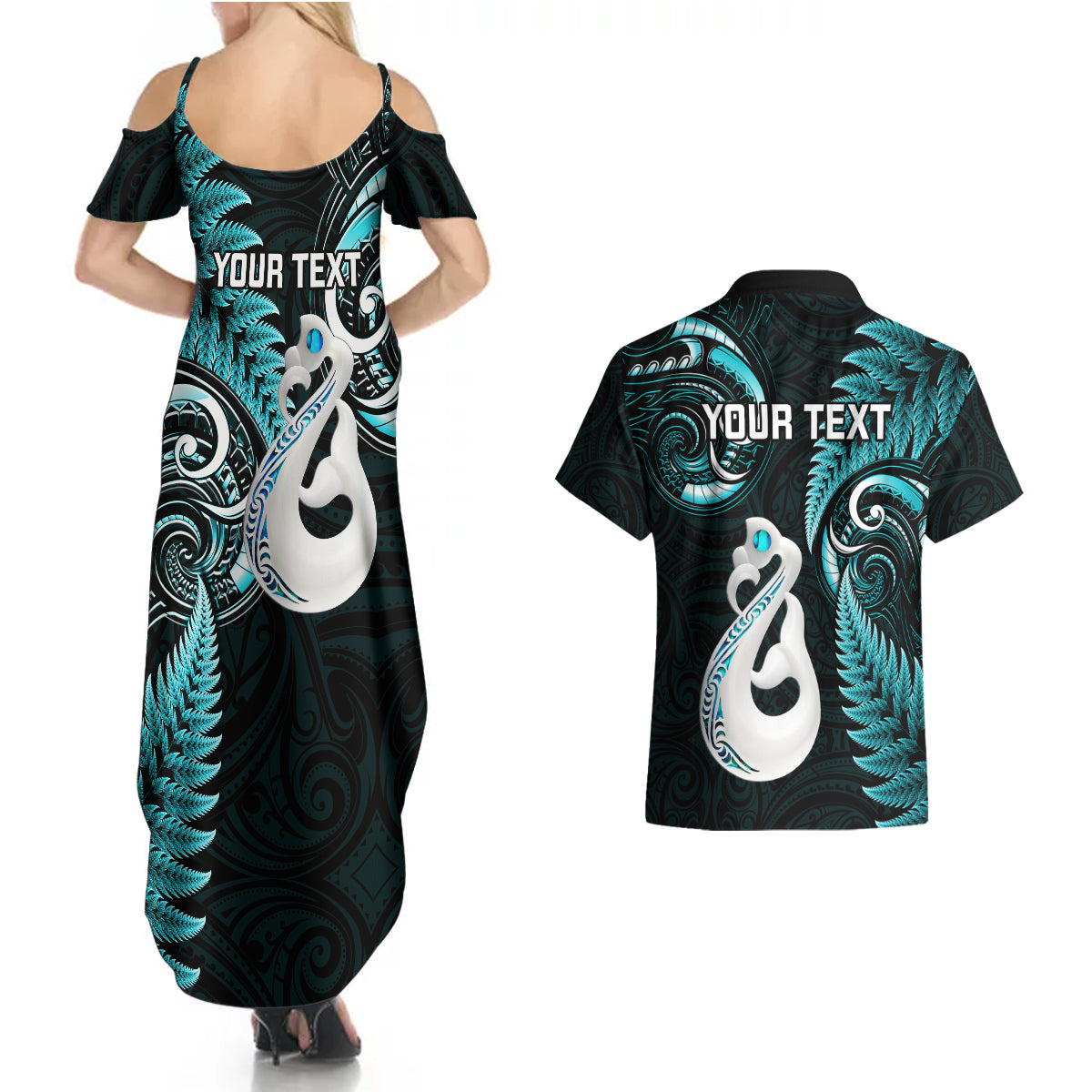Personalised New Zealand Couples Summer Maxi Dress and Hawaiian Shirt Aotearoa Silver Fern With Manaia Maori Unique Turquoise - Wonder Print Shop