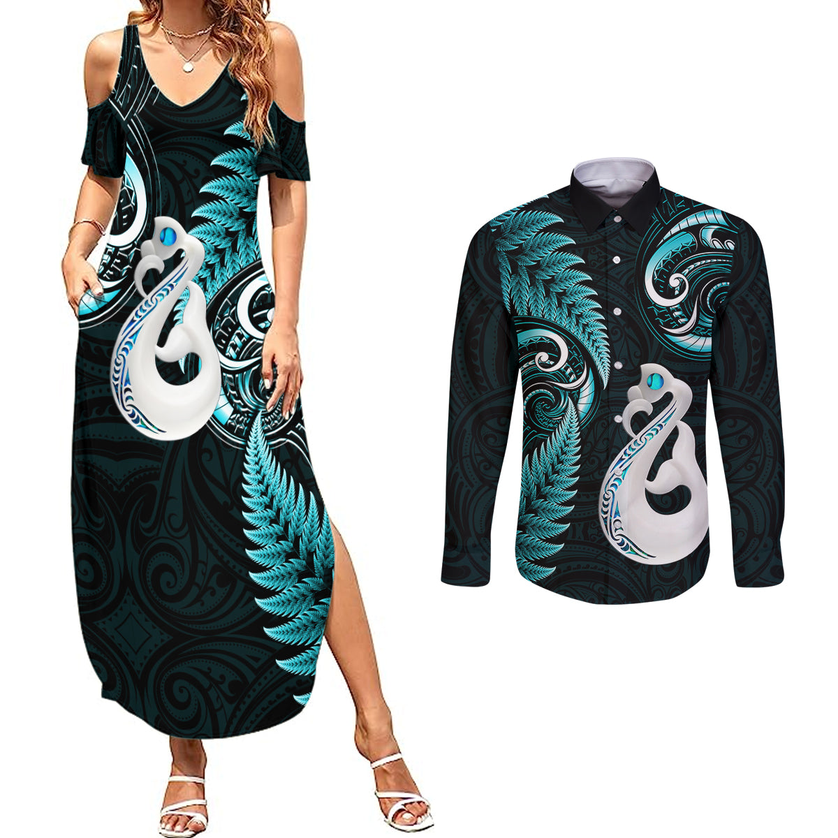 Personalised New Zealand Couples Summer Maxi Dress and Long Sleeve Button Shirts Aotearoa Silver Fern With Manaia Maori Unique Turquoise - Wonder Print Shop