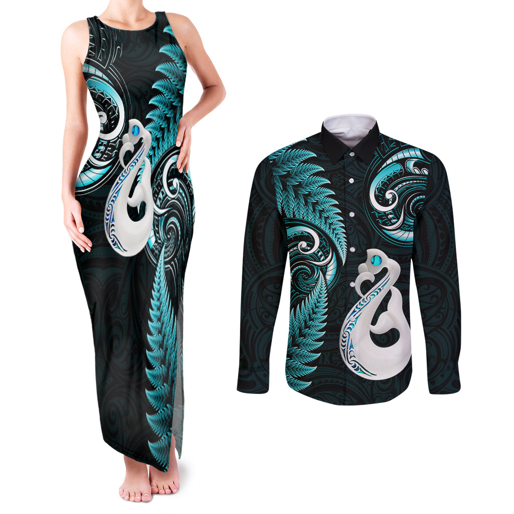 Personalised New Zealand Couples Matching Tank Maxi Dress and Long Sleeve Button Shirts Aotearoa Silver Fern With Manaia Maori Unique Turquoise - Wonder Print Shop