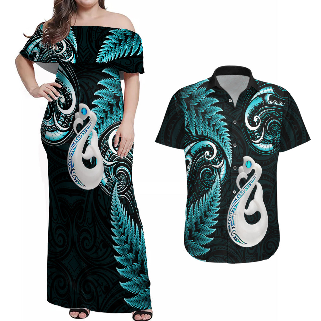 Personalised New Zealand Couples Off Shoulder Maxi Dress and Hawaiian Shirt Aotearoa Silver Fern With Manaia Maori Unique Turquoise - Wonder Print Shop