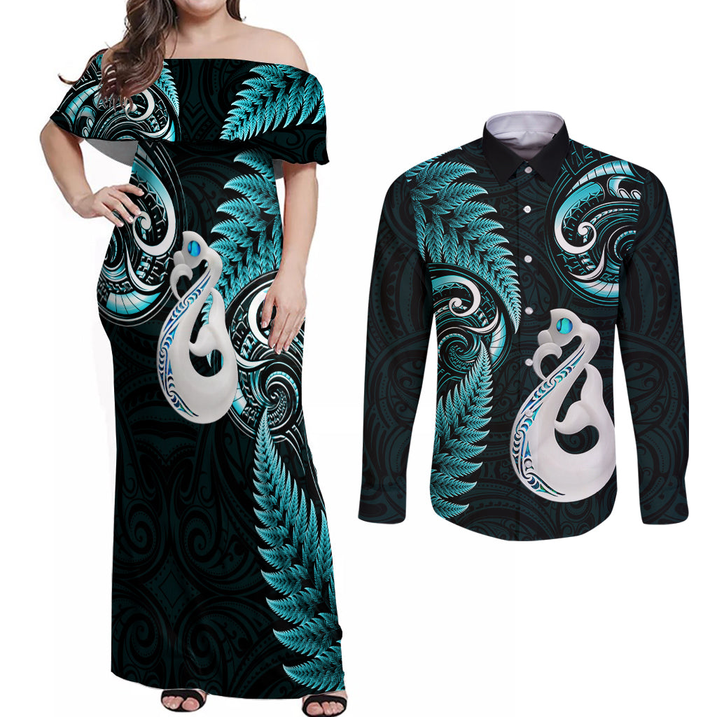 Personalised New Zealand Couples Off Shoulder Maxi Dress and Long Sleeve Button Shirts Aotearoa Silver Fern With Manaia Maori Unique Turquoise - Wonder Print Shop