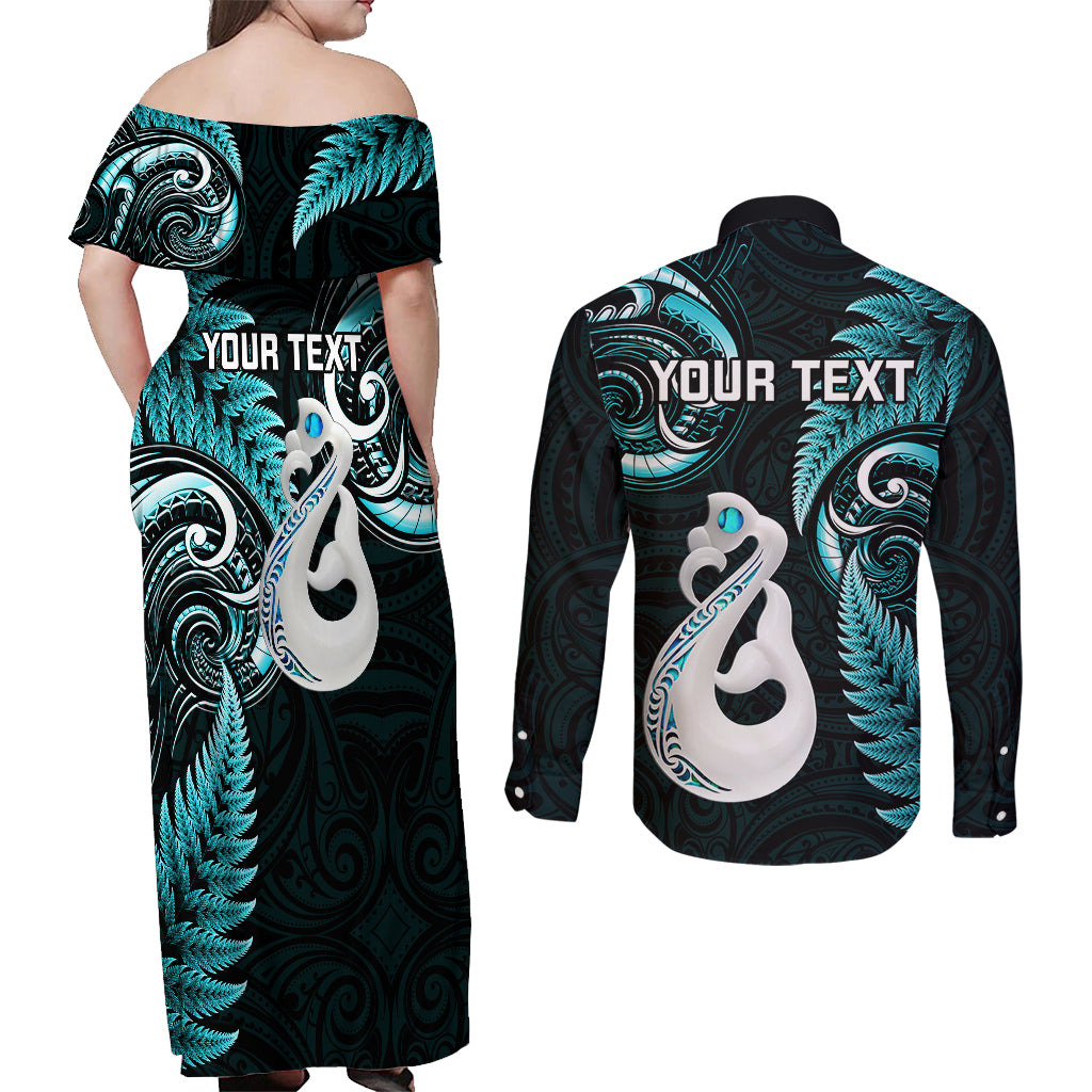 Personalised New Zealand Couples Off Shoulder Maxi Dress and Long Sleeve Button Shirts Aotearoa Silver Fern With Manaia Maori Unique Turquoise - Wonder Print Shop