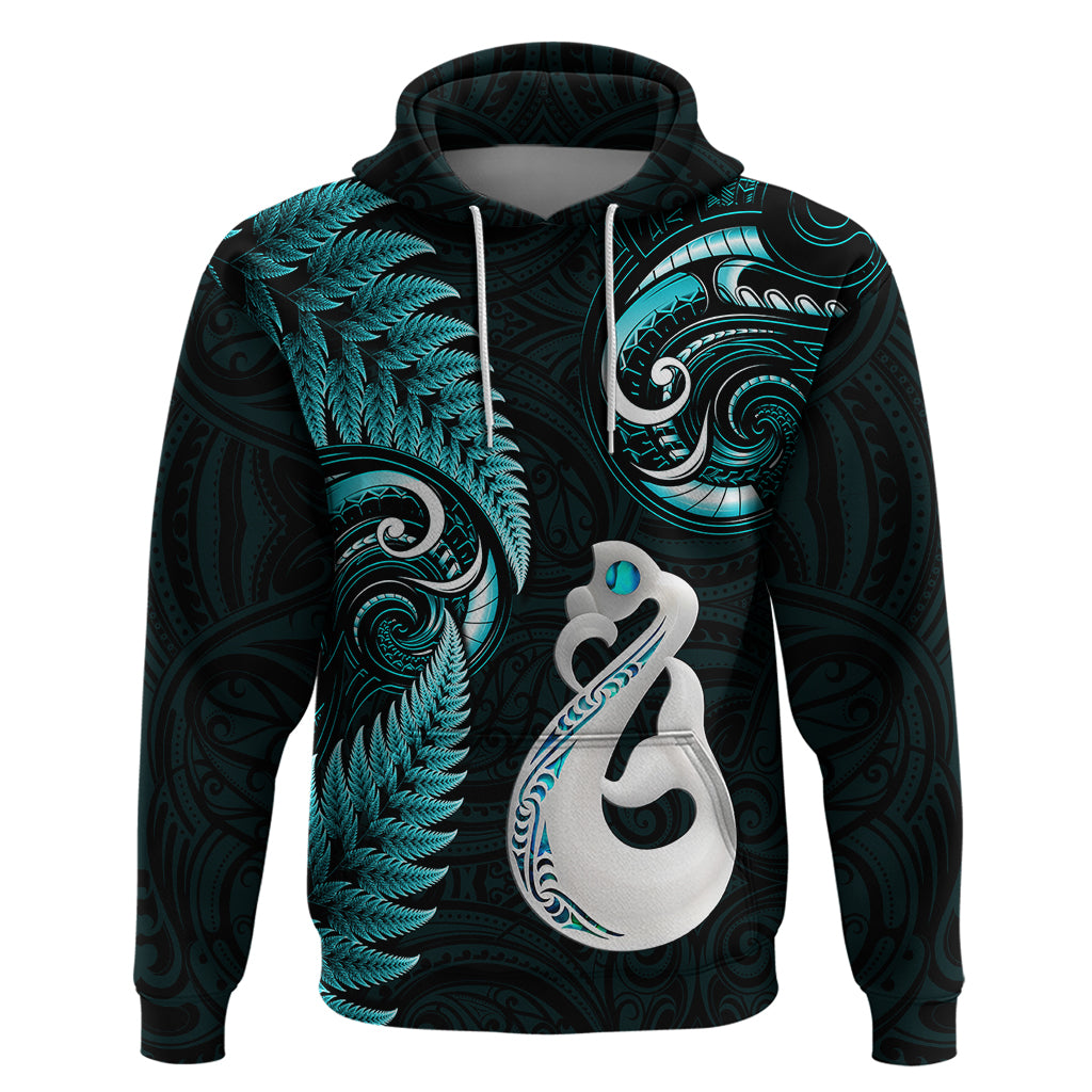 Personalised New Zealand Hoodie Aotearoa Silver Fern With Manaia Maori Unique Turquoise - Wonder Print Shop