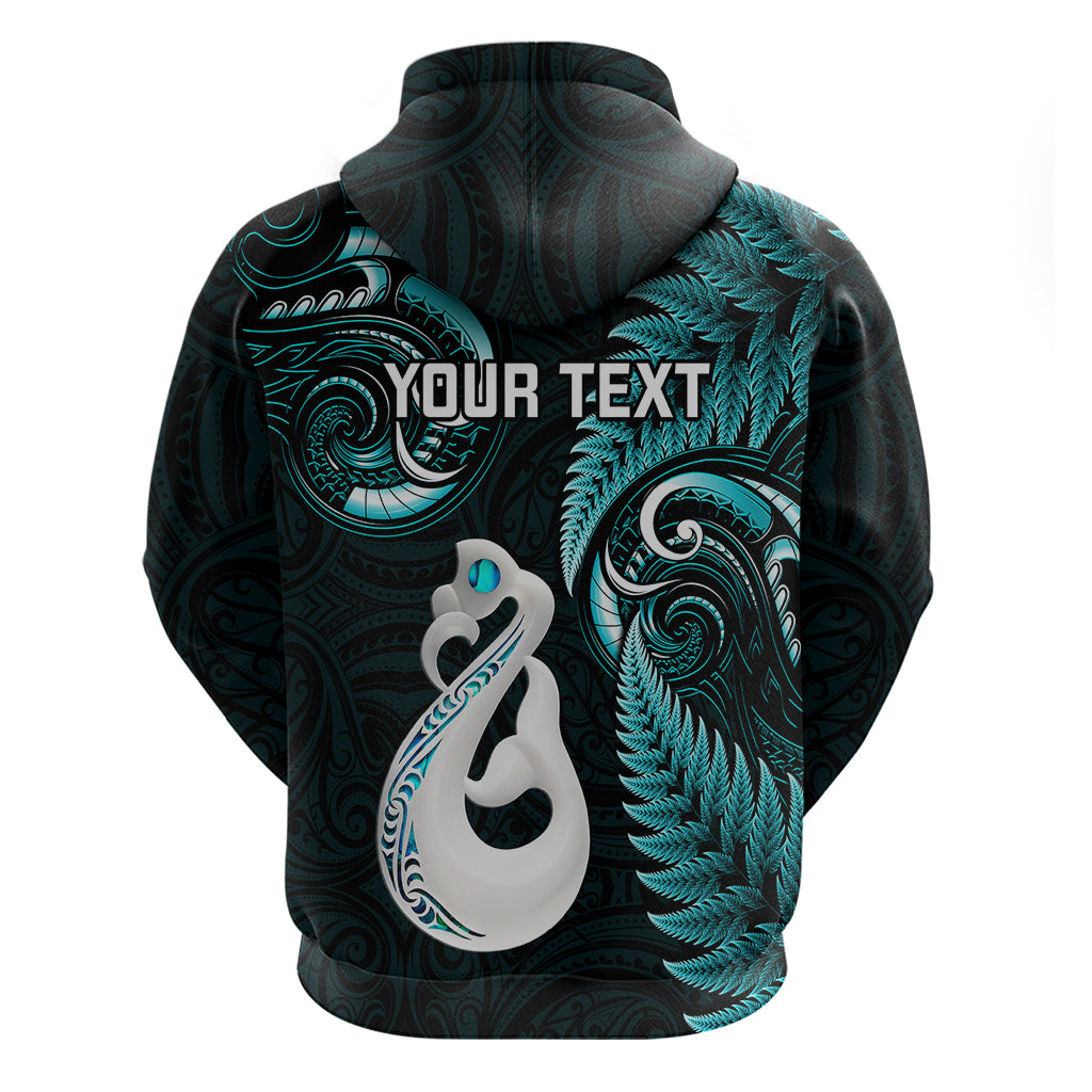 Personalised New Zealand Hoodie Aotearoa Silver Fern With Manaia Maori Unique Turquoise - Wonder Print Shop