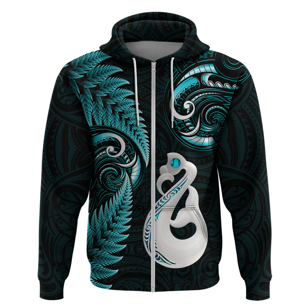 Personalised New Zealand Hoodie Aotearoa Silver Fern With Manaia Maori Unique Turquoise - Wonder Print Shop