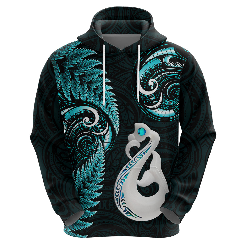 Personalised New Zealand Hoodie Aotearoa Silver Fern With Manaia Maori Unique Turquoise - Wonder Print Shop
