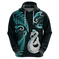 Personalised New Zealand Hoodie Aotearoa Silver Fern With Manaia Maori Unique Turquoise - Wonder Print Shop