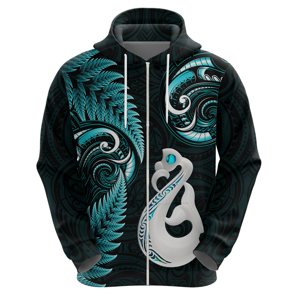 Personalised New Zealand Hoodie Aotearoa Silver Fern With Manaia Maori Unique Turquoise - Wonder Print Shop