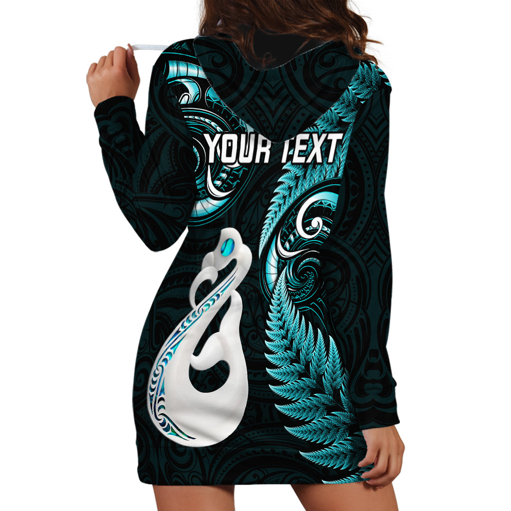 Personalised New Zealand Hoodie Dress Aotearoa Silver Fern With Manaia Maori Unique Turquoise - Wonder Print Shop