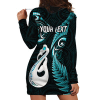 Personalised New Zealand Hoodie Dress Aotearoa Silver Fern With Manaia Maori Unique Turquoise - Wonder Print Shop