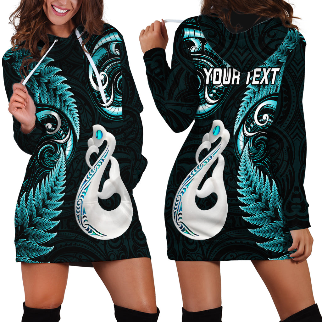 Personalised New Zealand Hoodie Dress Aotearoa Silver Fern With Manaia Maori Unique Turquoise - Wonder Print Shop