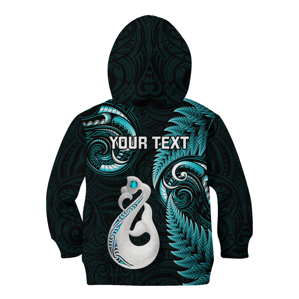 Personalised New Zealand Kid Hoodie Aotearoa Silver Fern With Manaia Maori Unique Turquoise - Wonder Print Shop