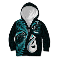 Personalised New Zealand Kid Hoodie Aotearoa Silver Fern With Manaia Maori Unique Turquoise - Wonder Print Shop