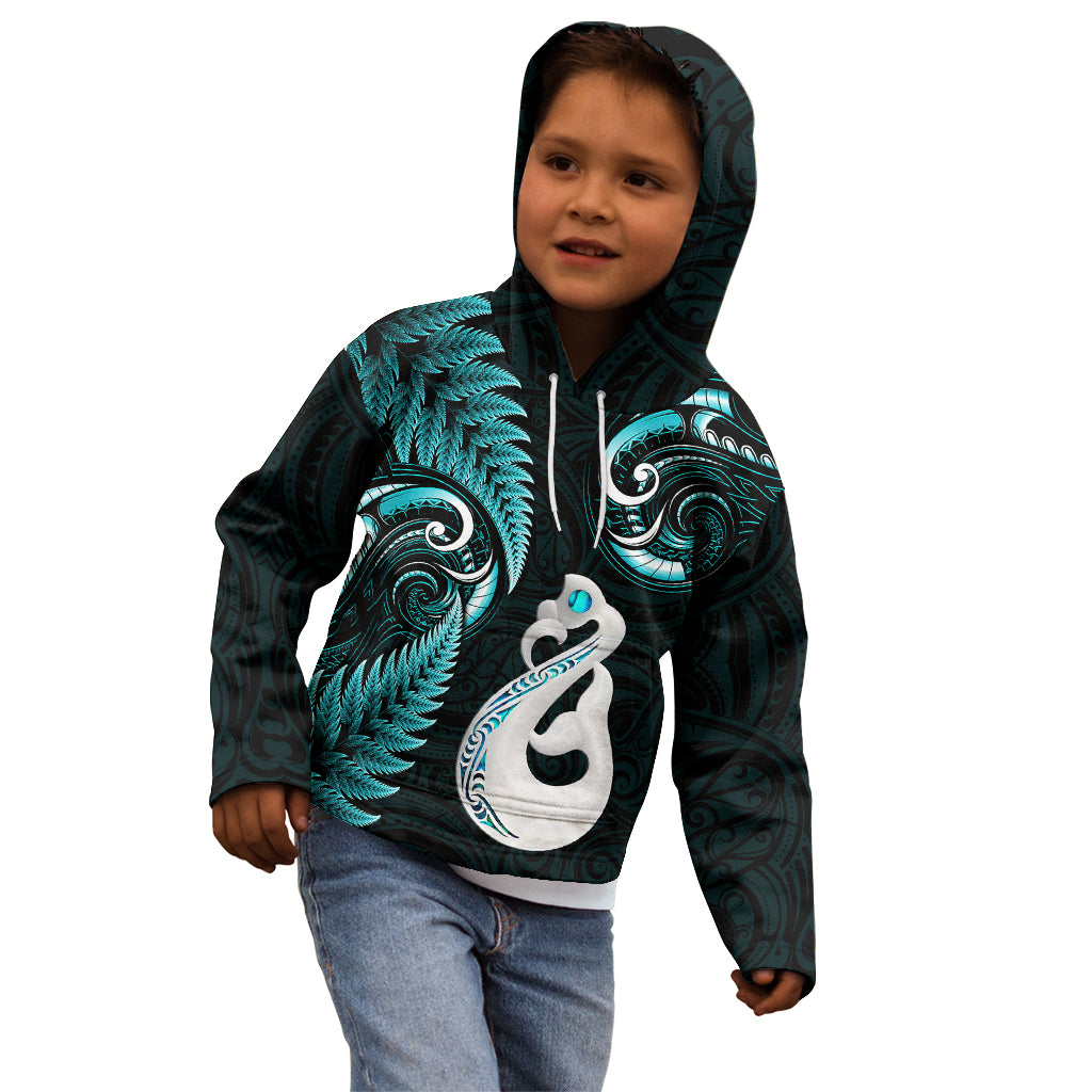 Personalised New Zealand Kid Hoodie Aotearoa Silver Fern With Manaia Maori Unique Turquoise - Wonder Print Shop