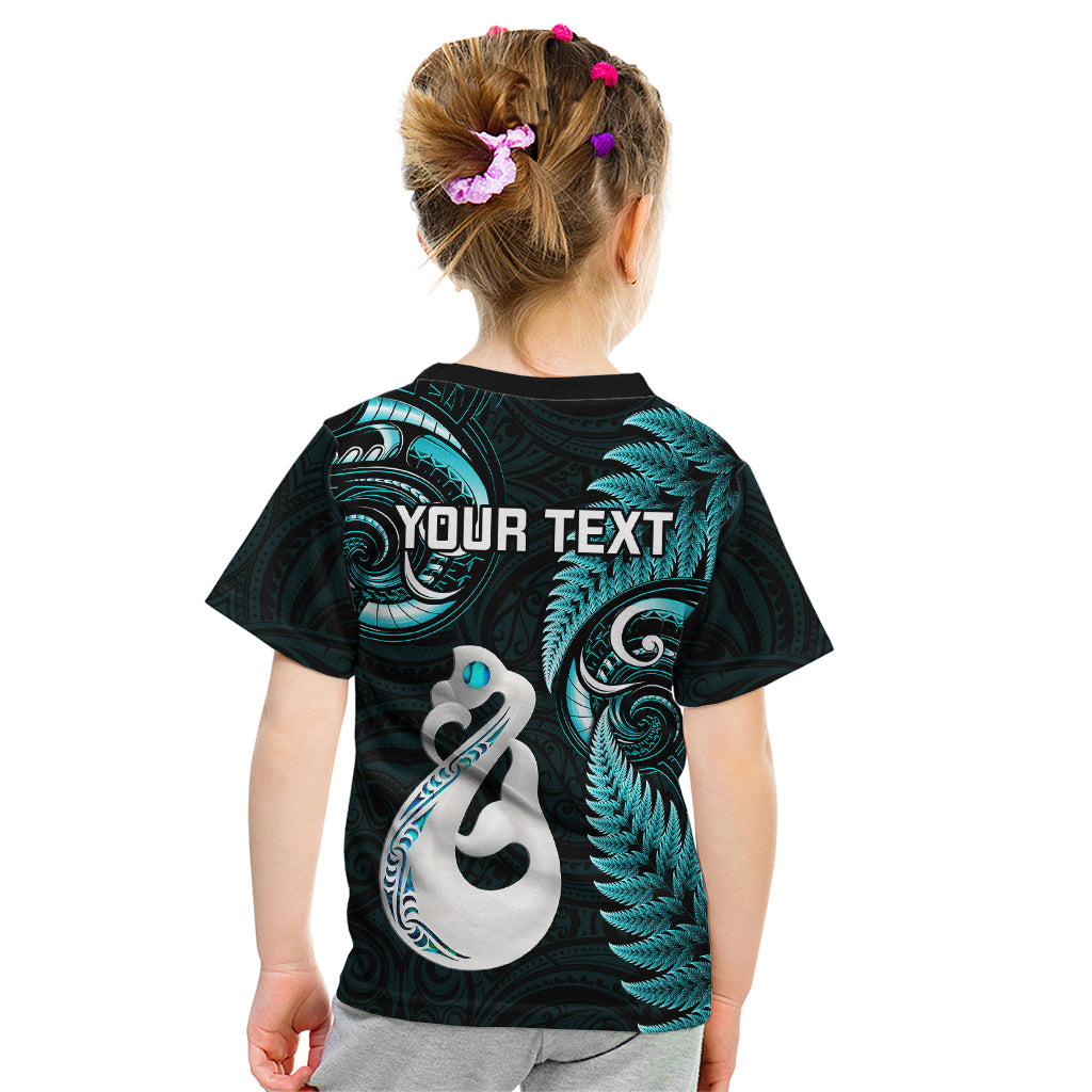 Personalised New Zealand Kid T Shirt Aotearoa Silver Fern With Manaia Maori Unique Turquoise - Wonder Print Shop