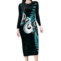 Personalised New Zealand Long Sleeve Bodycon Dress Aotearoa Silver Fern With Manaia Maori Unique Turquoise - Wonder Print Shop