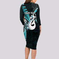 Personalised New Zealand Long Sleeve Bodycon Dress Aotearoa Silver Fern With Manaia Maori Unique Turquoise - Wonder Print Shop