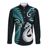 Personalised New Zealand Long Sleeve Button Shirt Aotearoa Silver Fern With Manaia Maori Unique Turquoise - Wonder Print Shop