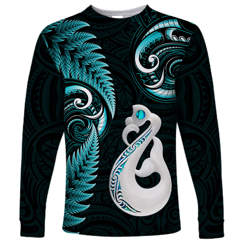 Personalised New Zealand Long Sleeve Shirt Aotearoa Silver Fern With Manaia Maori Unique Turquoise - Wonder Print Shop