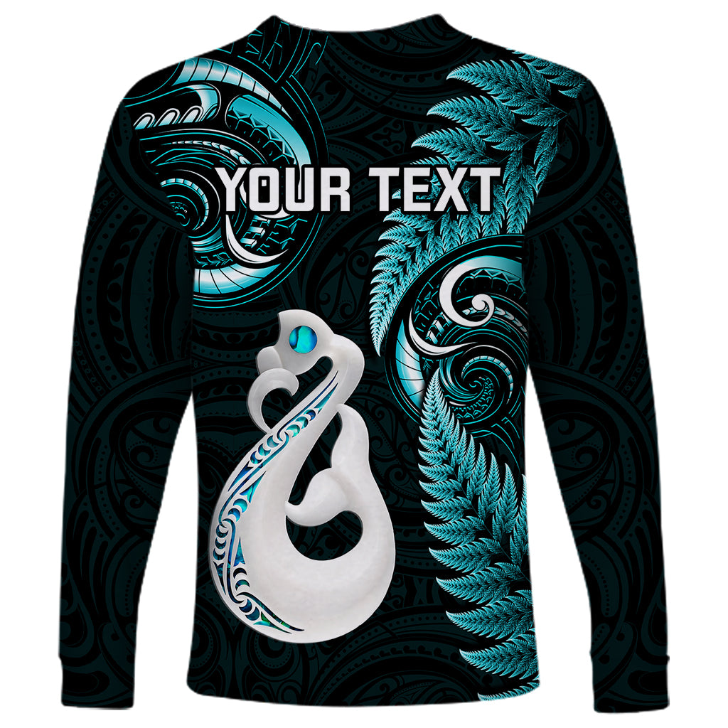 Personalised New Zealand Long Sleeve Shirt Aotearoa Silver Fern With Manaia Maori Unique Turquoise - Wonder Print Shop