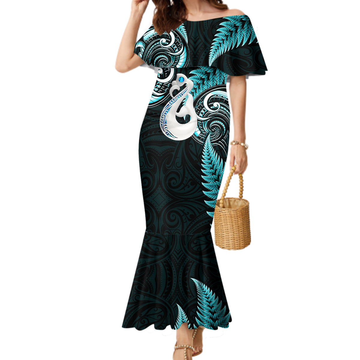 Personalised New Zealand Mermaid Dress Aotearoa Silver Fern With Manaia Maori Unique Turquoise - Wonder Print Shop