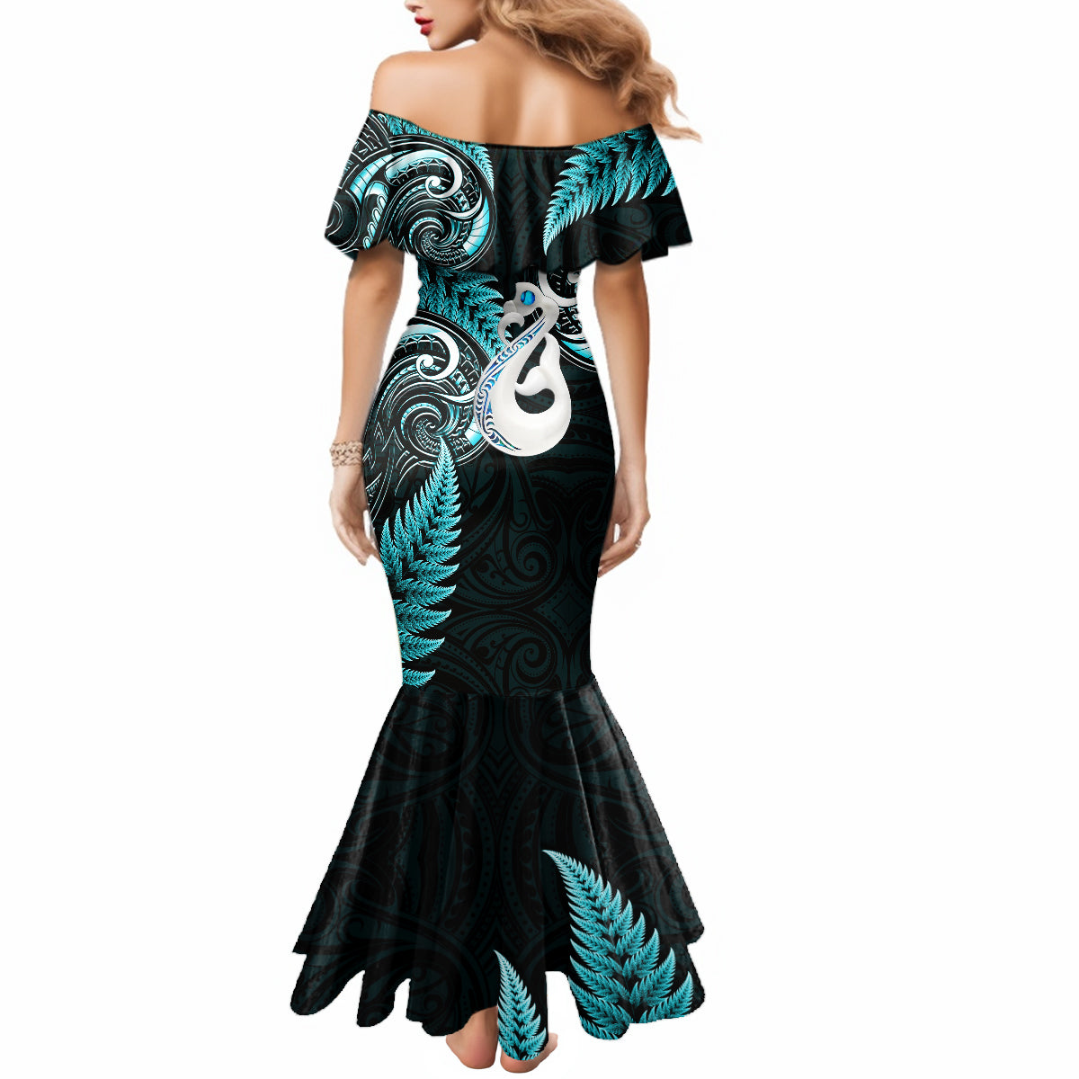 Personalised New Zealand Mermaid Dress Aotearoa Silver Fern With Manaia Maori Unique Turquoise - Wonder Print Shop