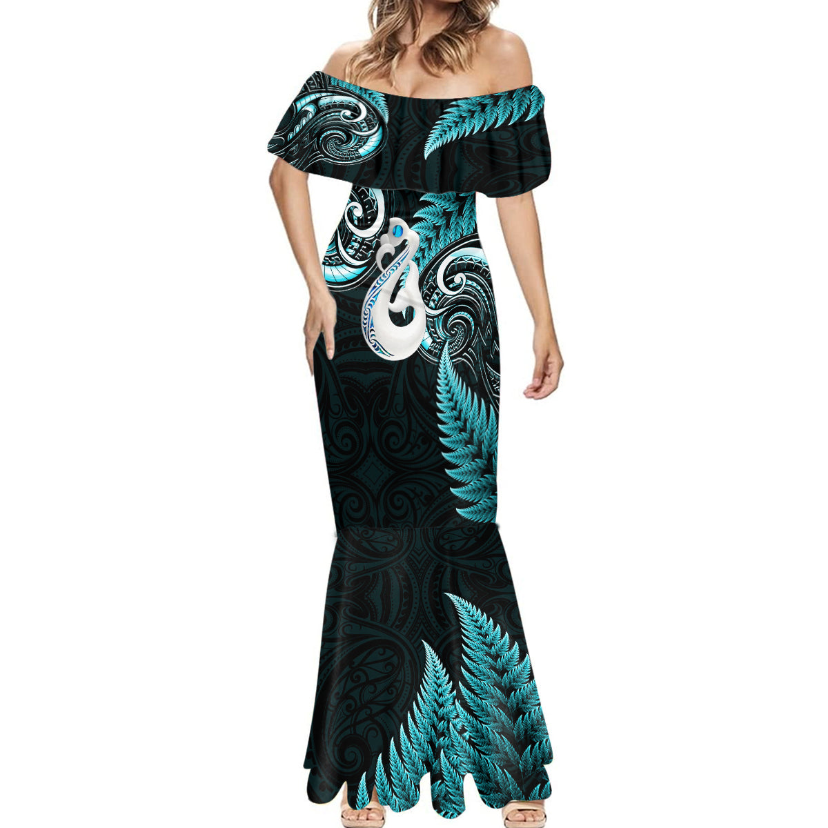Personalised New Zealand Mermaid Dress Aotearoa Silver Fern With Manaia Maori Unique Turquoise - Wonder Print Shop