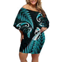 Personalised New Zealand Off Shoulder Short Dress Aotearoa Silver Fern With Manaia Maori Unique Turquoise - Wonder Print Shop