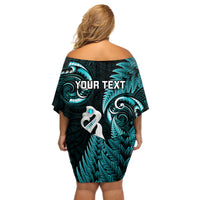 Personalised New Zealand Off Shoulder Short Dress Aotearoa Silver Fern With Manaia Maori Unique Turquoise - Wonder Print Shop