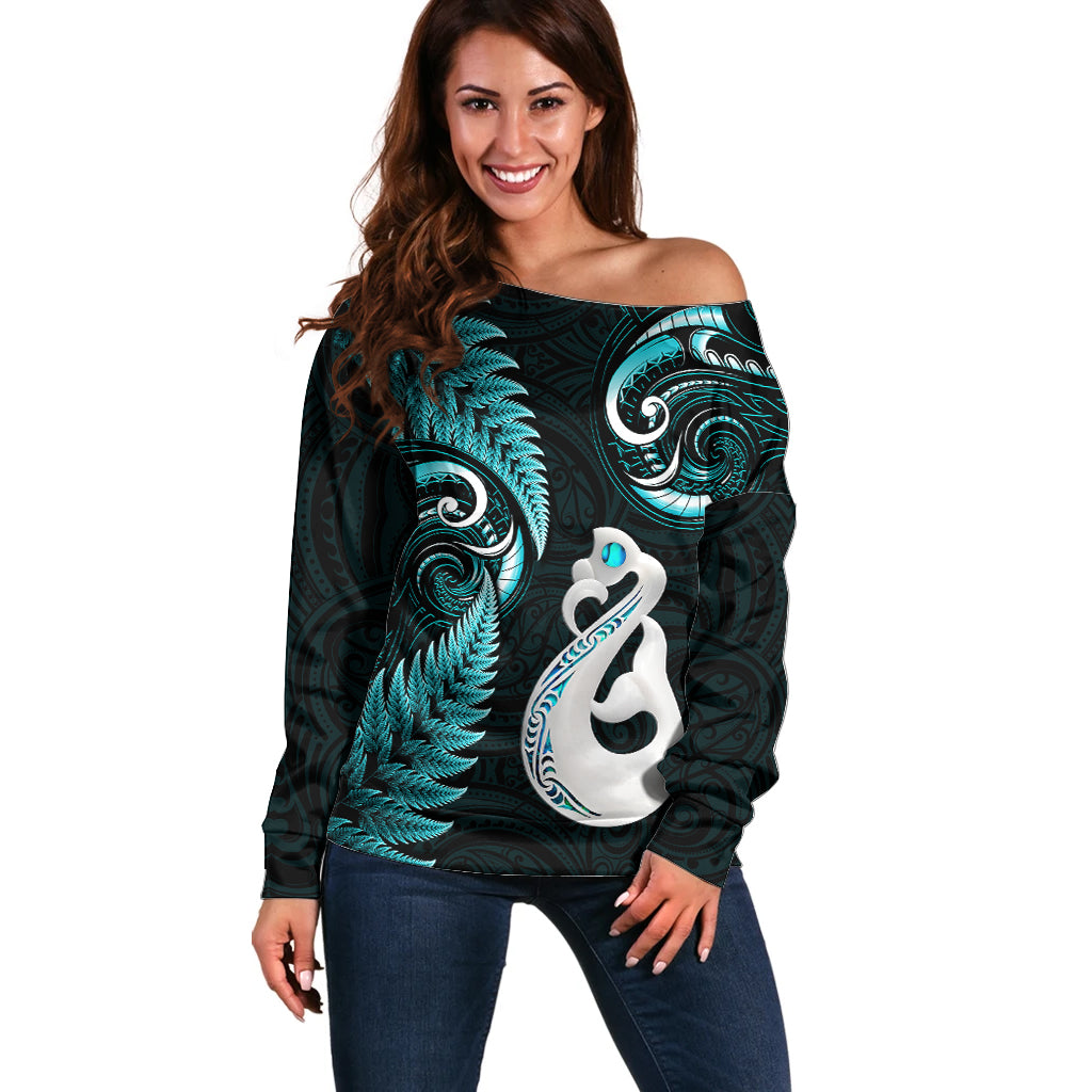 Personalised New Zealand Off Shoulder Sweater Aotearoa Silver Fern With Manaia Maori Unique Turquoise - Wonder Print Shop