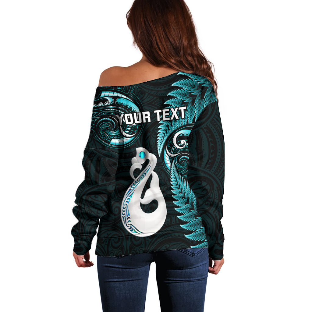 Personalised New Zealand Off Shoulder Sweater Aotearoa Silver Fern With Manaia Maori Unique Turquoise - Wonder Print Shop
