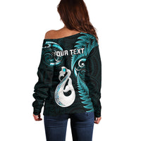 Personalised New Zealand Off Shoulder Sweater Aotearoa Silver Fern With Manaia Maori Unique Turquoise - Wonder Print Shop