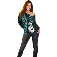 Personalised New Zealand Off Shoulder Sweater Aotearoa Silver Fern With Manaia Maori Unique Turquoise - Wonder Print Shop