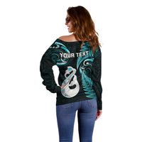 Personalised New Zealand Off Shoulder Sweater Aotearoa Silver Fern With Manaia Maori Unique Turquoise - Wonder Print Shop