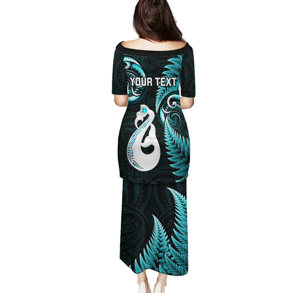 Personalised New Zealand Puletasi Aotearoa Silver Fern With Manaia Maori Unique Turquoise - Wonder Print Shop