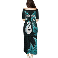 Personalised New Zealand Puletasi Aotearoa Silver Fern With Manaia Maori Unique Turquoise - Wonder Print Shop