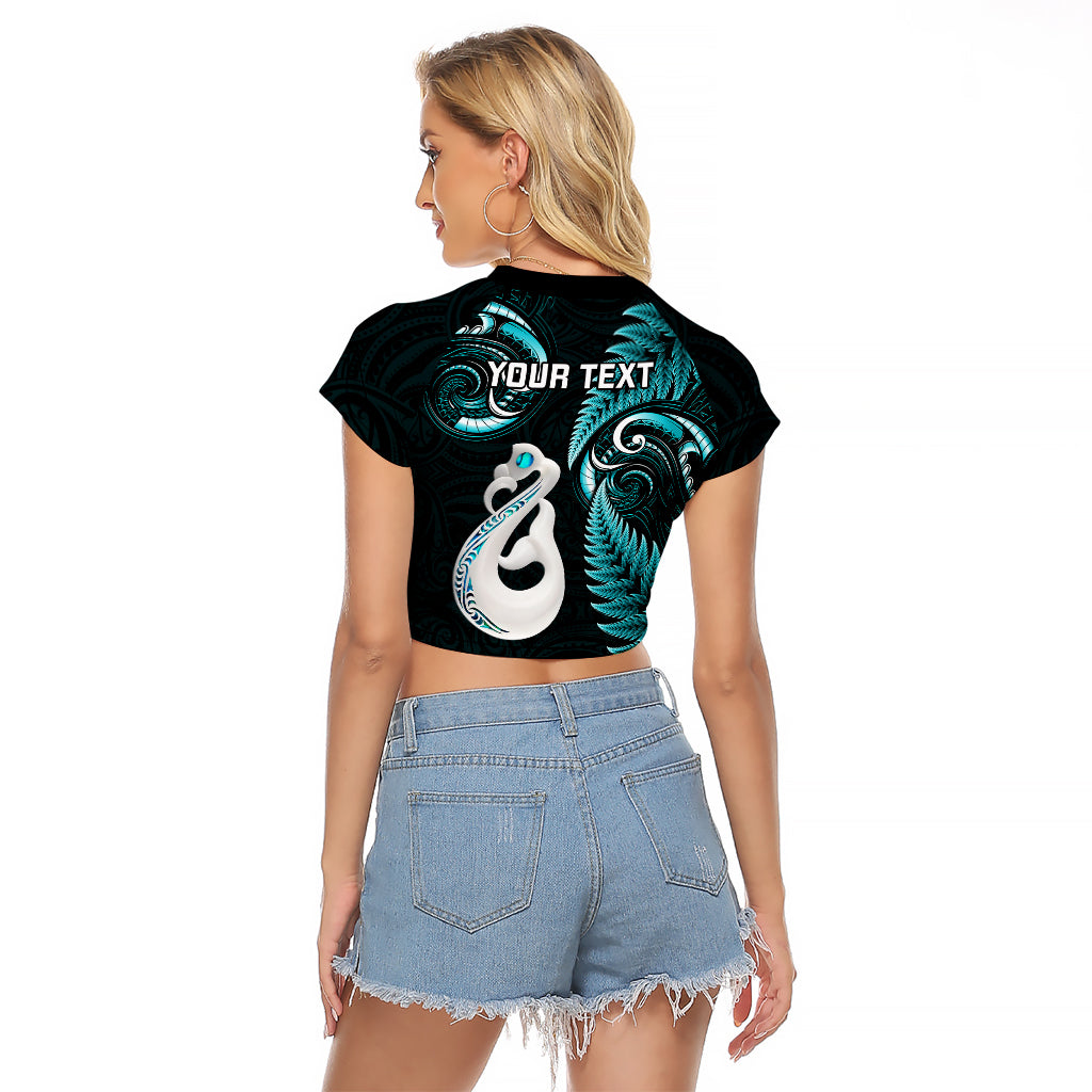 Personalised New Zealand Raglan Cropped T Shirt Aotearoa Silver Fern With Manaia Maori Unique Turquoise - Wonder Print Shop