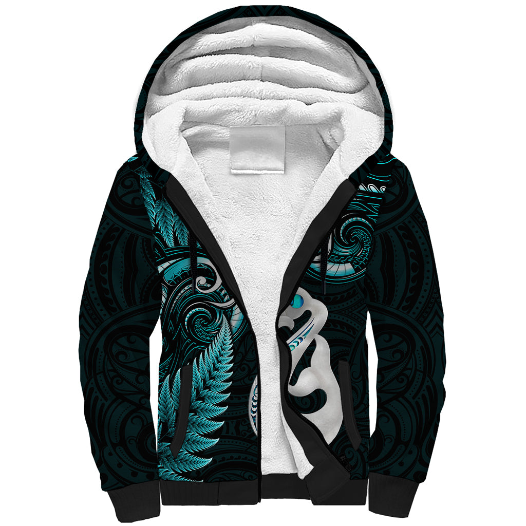Personalised New Zealand Sherpa Hoodie Aotearoa Silver Fern With Manaia Maori Unique Turquoise - Wonder Print Shop