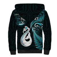 Personalised New Zealand Sherpa Hoodie Aotearoa Silver Fern With Manaia Maori Unique Turquoise - Wonder Print Shop
