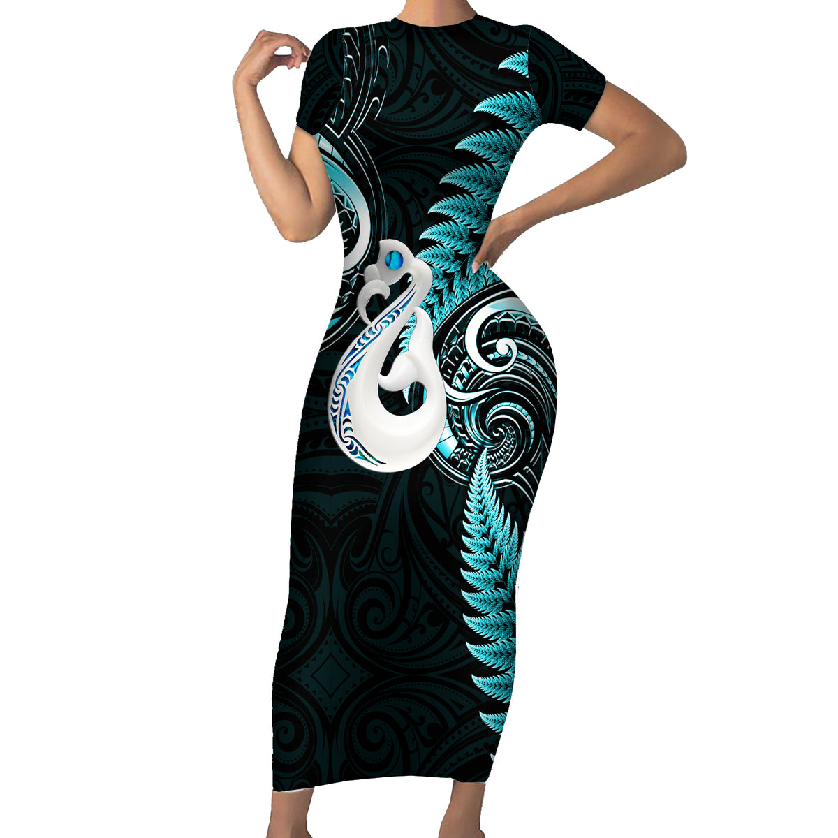 Personalised New Zealand Short Sleeve Bodycon Dress Aotearoa Silver Fern With Manaia Maori Unique Turquoise - Wonder Print Shop
