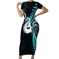 Personalised New Zealand Short Sleeve Bodycon Dress Aotearoa Silver Fern With Manaia Maori Unique Turquoise - Wonder Print Shop