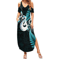 Personalised New Zealand Summer Maxi Dress Aotearoa Silver Fern With Manaia Maori Unique Turquoise - Wonder Print Shop