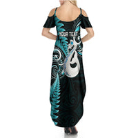 Personalised New Zealand Summer Maxi Dress Aotearoa Silver Fern With Manaia Maori Unique Turquoise - Wonder Print Shop