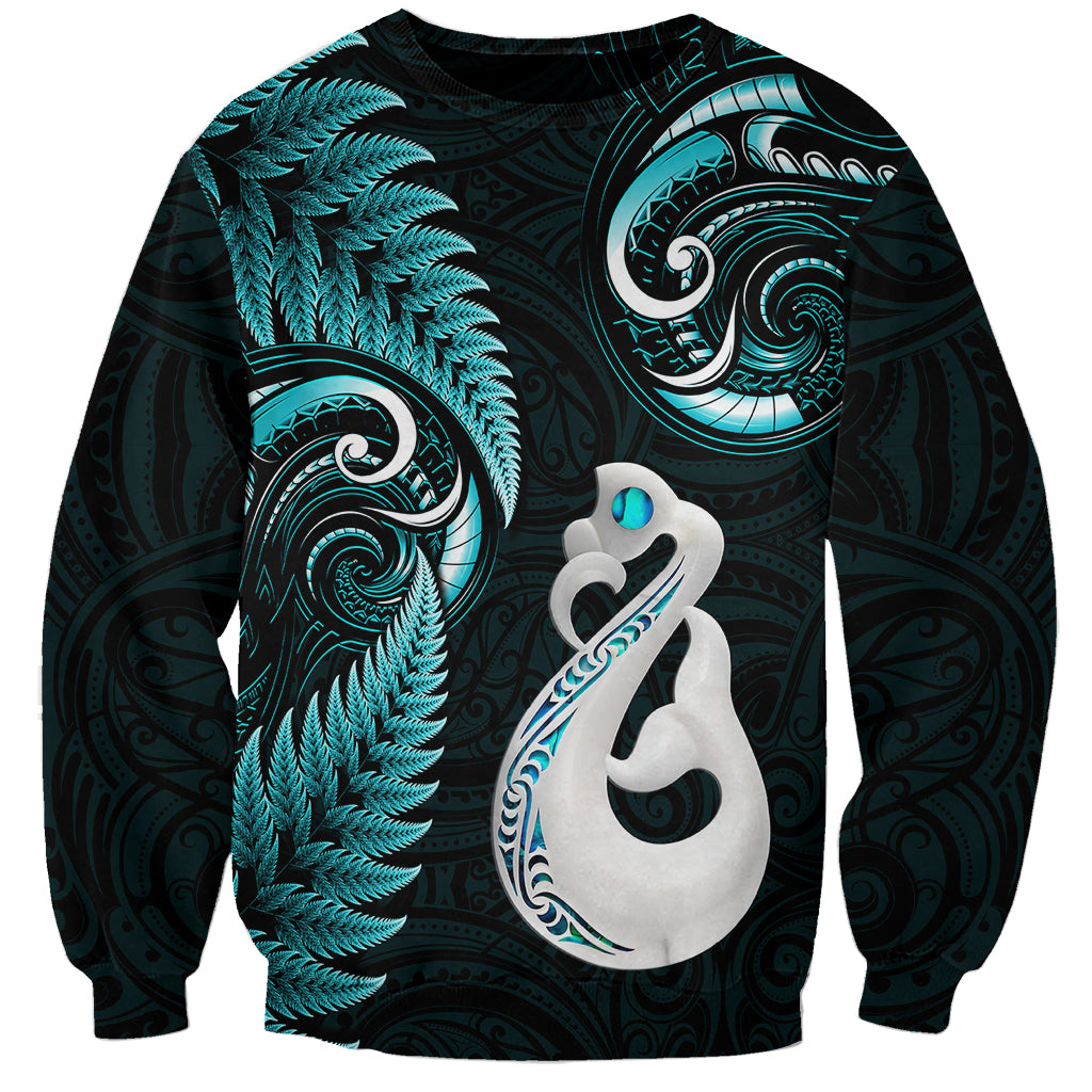 Personalised New Zealand Sweatshirt Aotearoa Silver Fern With Manaia Maori Unique Turquoise - Wonder Print Shop