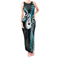 Personalised New Zealand Tank Maxi Dress Aotearoa Silver Fern With Manaia Maori Unique Turquoise - Wonder Print Shop